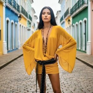 NWT Sheer Plunge Front Flared Sleeve Festival Ibiza Mini Dress Sz M